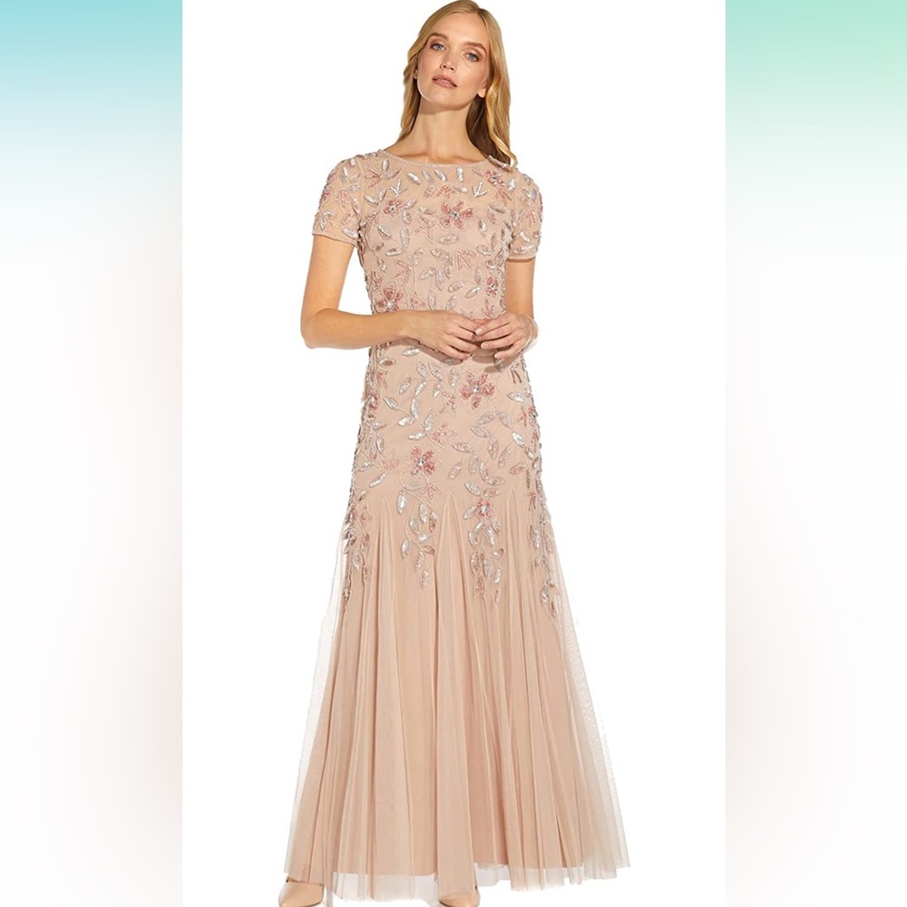 Size 12 Adrianna Papell blush colored beaded patterned gown with godets.